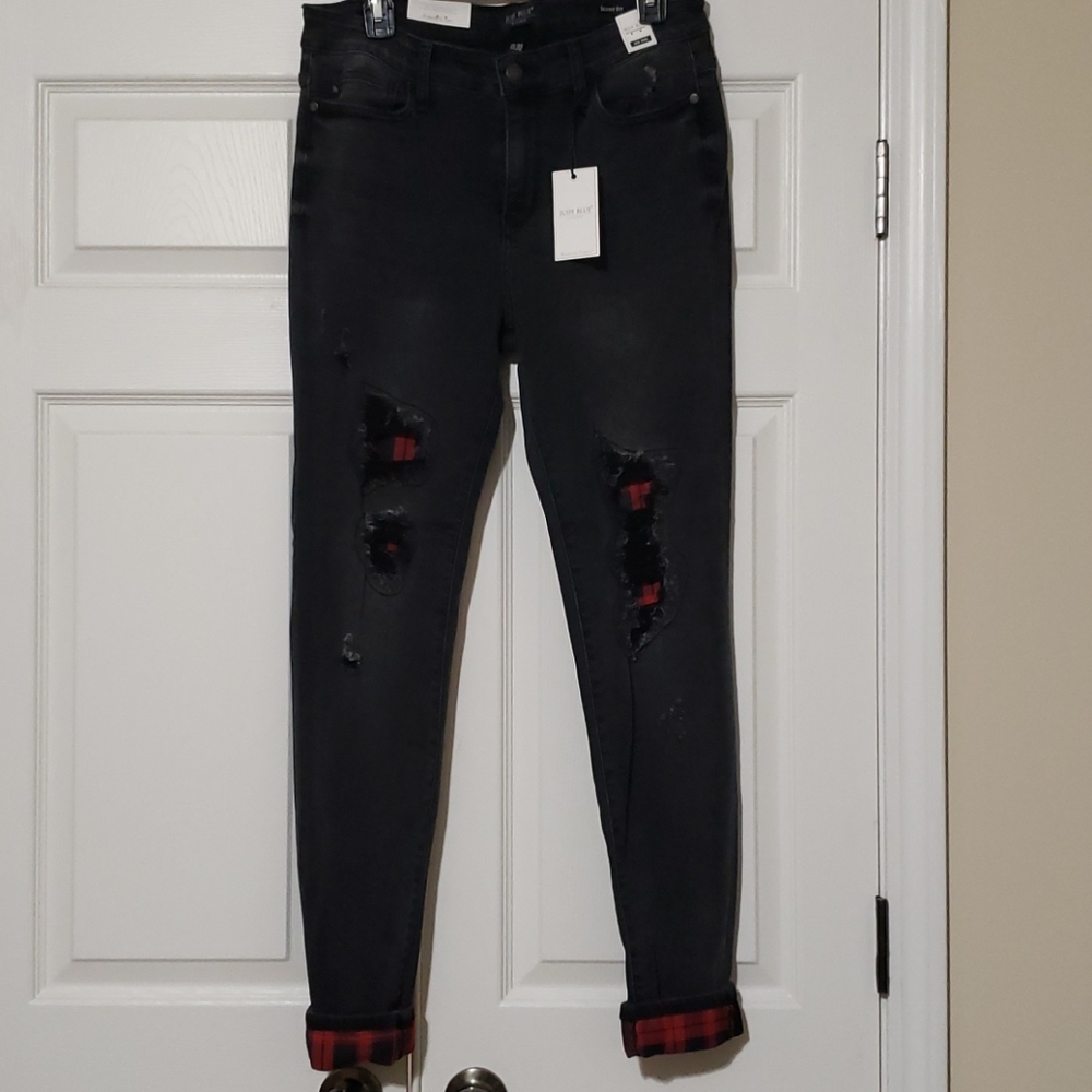 Judy Blue black Buffalo plaid patch jeans